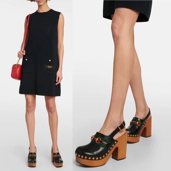 GUCCI SHOES HORSEBIT WEB BLACK LEATHER PLATFORM CLOGS w STUDS sz 39.5 9.5 - Picture 2 of 15